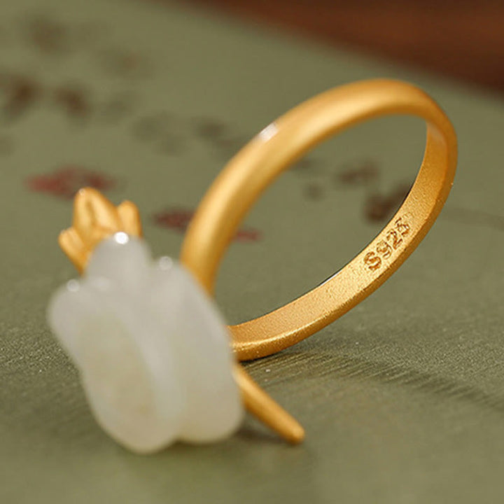 Buddha Stones925 スターリングシルバー ゴールドメッキ ローズフラワー 和田白翡翠 幸福リング