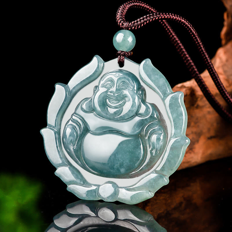 Buddha Stones天然翡翠 笑い仏 蓮の模様 幸運のネックレスペンダント - image 2