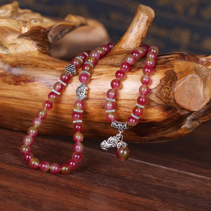 Buddha Stones天然スイカトルマリン貔貅象ポジティブトリプルラップブレスレット