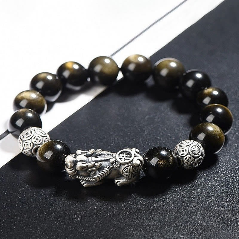 Buddha Stones925スターリングシルバー 天然ゴールド 光沢 黒曜石 貔貅 富の守護ブレスレット