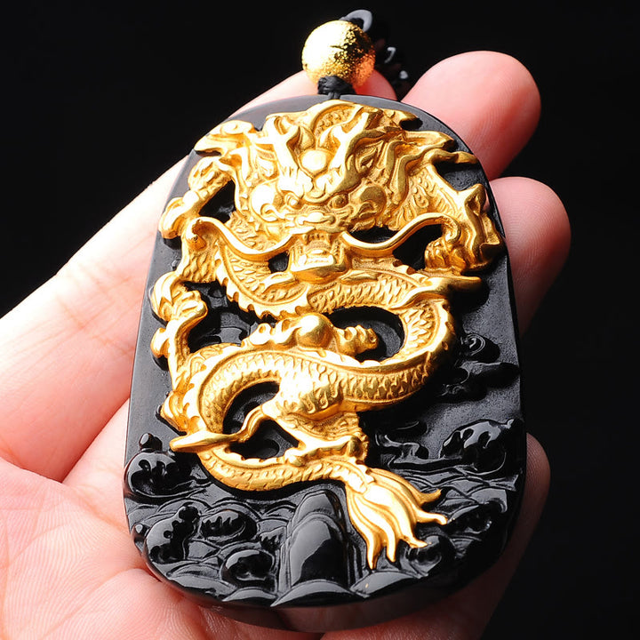 Buddha Stones18Kゴールドメッキ ドラゴンオブシディアン ラッキーペンダントネックレス - image 4