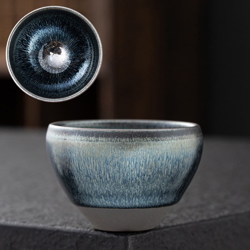 Buddha Stonesヴィンテージ 中国製 シルバー ブルー Jianzhan 窯変磁器 ティーカップ カンフー ティーカップ