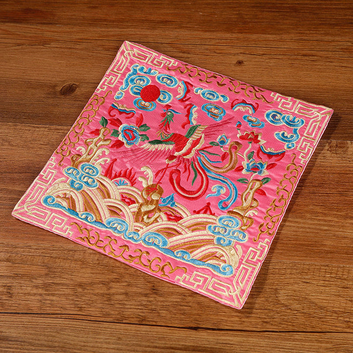 Buddha Stones鳳凰 龍 麒麟 刺繍 カップマットパッド ティーカップコースター スクエア カンフーティーマット