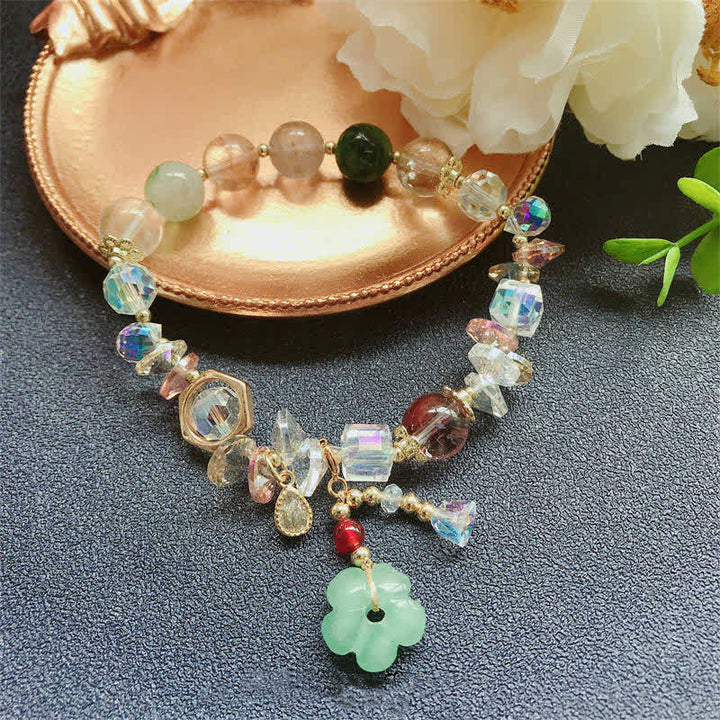 Buddha Stonesカラフルな宝石 グリーンアベンチュリン フラワービーズ 幸運のブレスレット