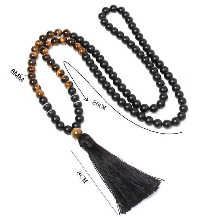 Buddha Stonesブラックオニキス タイガーアイ フォーチュンブレスレット タッセルネックレス ペンダント