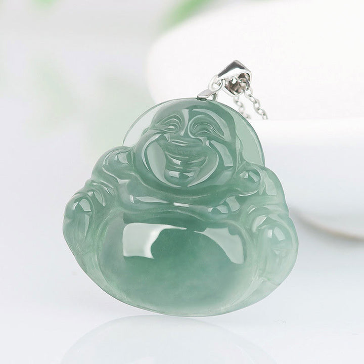 Buddha Stones925スターリングシルバー 笑う仏陀 翡翠 保護 穏やか ネックレス チェーン ペンダント