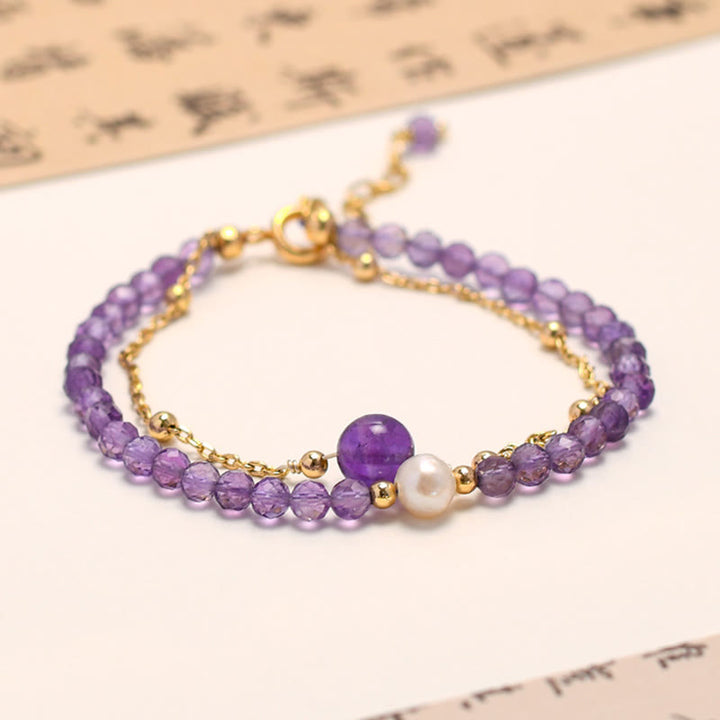 Buddha Stones14Kゴールドメッキ アメジストクリスタル ヒーリング ダブルレイヤーチェーンブレスレット