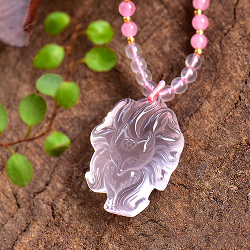 Buddha Stones天然ピンククリスタル九尾狐ラブネックレスペンダント