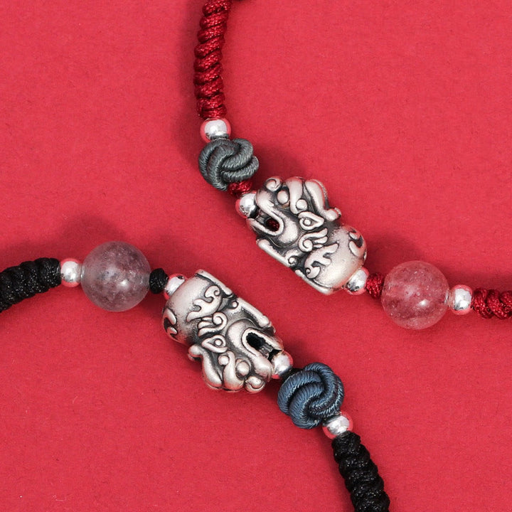 Buddha Stones 999スターリングシルバー PiXiu ストロベリークォーツビーズ 富と幸運の編み込みブレスレット