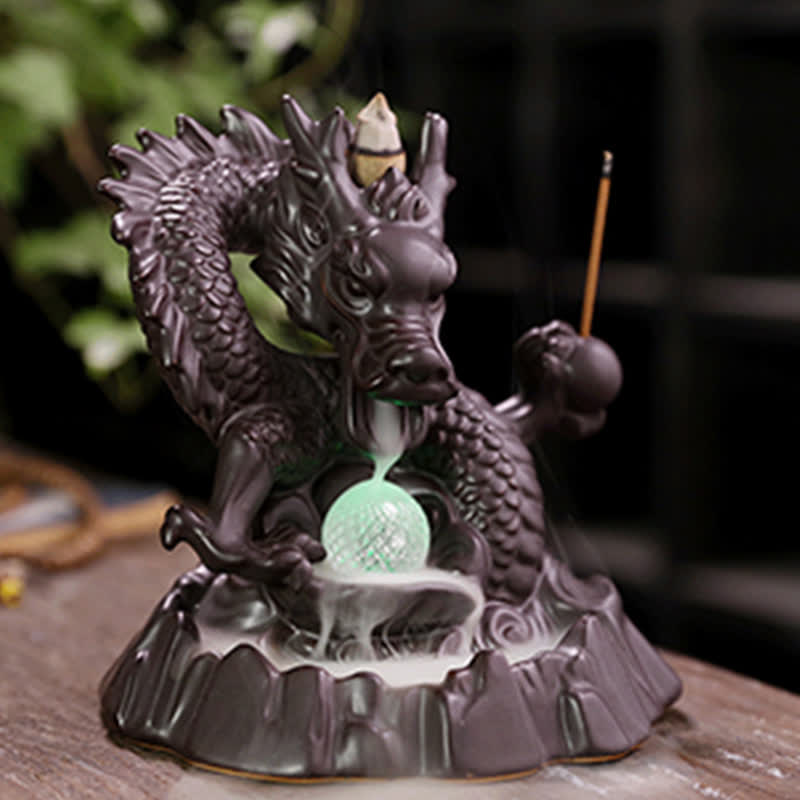 Buddha Stones縁起の良い龍 セラミック 逆流煙噴水 瞑想 癒し 香炉 LED ボール 装飾