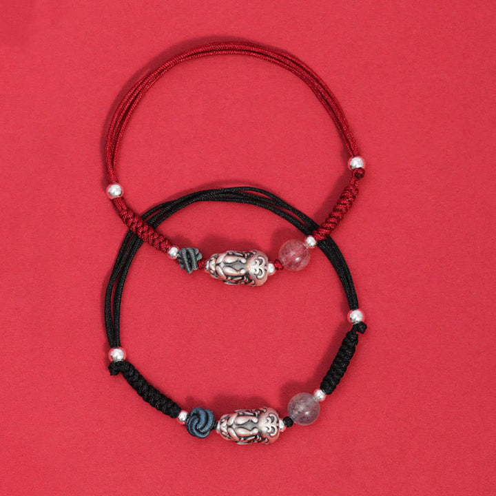 Buddha Stones 999スターリングシルバー PiXiu ストロベリークォーツビーズ 富と幸運の編み込みブレスレット