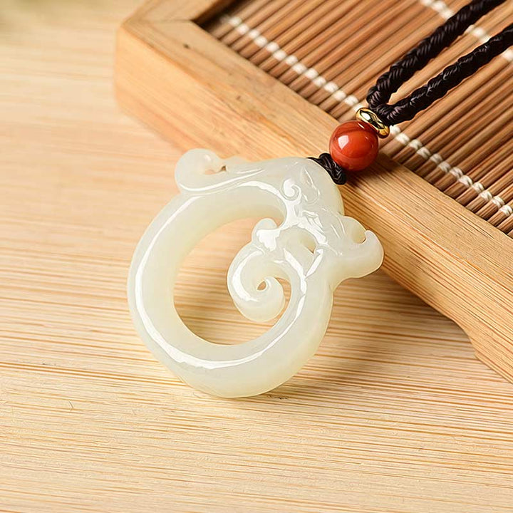 Buddha Stones白翡翠 青翡翠 龍守護ネックレス 紐ペンダント - ホワイトジェイド - image 7