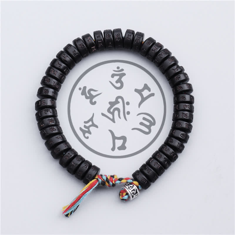 Buddha Stonesチベットココナッツシェルビーズ 彫刻入りオーム・マニ・パドメ・フムマントラ 幸福ブレスレット
