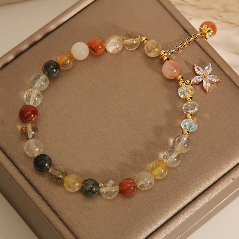 Buddha Stonesマルチカラー ルチルクォーツ 縁起物 ジルコン フラワー ブレスレット