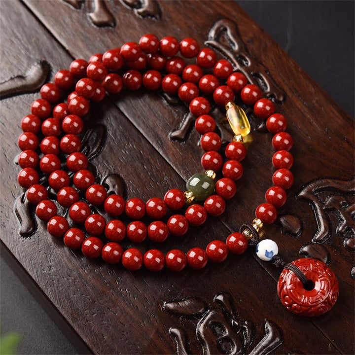 Buddha Stonesチベット辰砂 平和バックル トリプルラップ 祝福ブレスレットMala