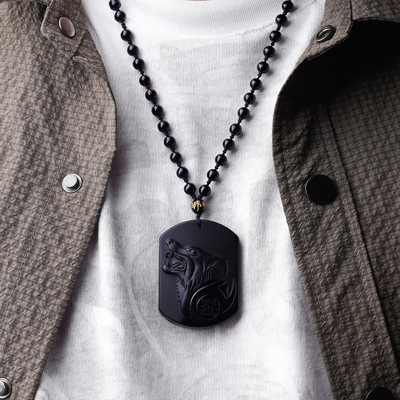 Buddha Stones黒曜石 ウルフ浄化ペンダントネックレス