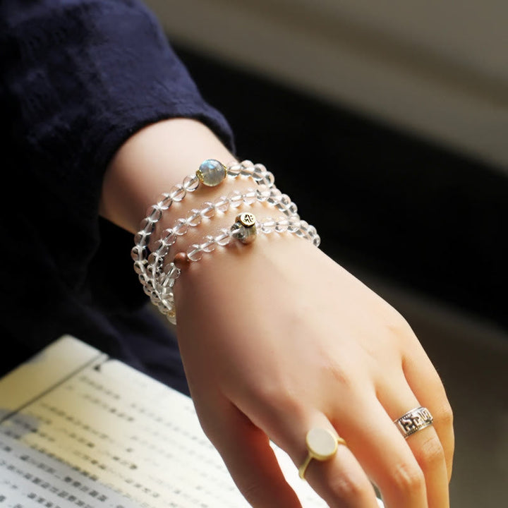 Buddha Stones925スターリングシルバー十二支誕生仏ホワイトクリスタル 瞑想 トリプルラップブレスレット