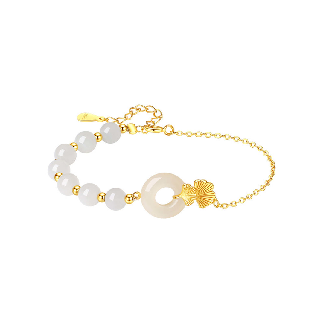 Buddha Stones 925スターリングシルバー 和田白翡翠 平和バックル イチョウの葉 幸運ブレスレット