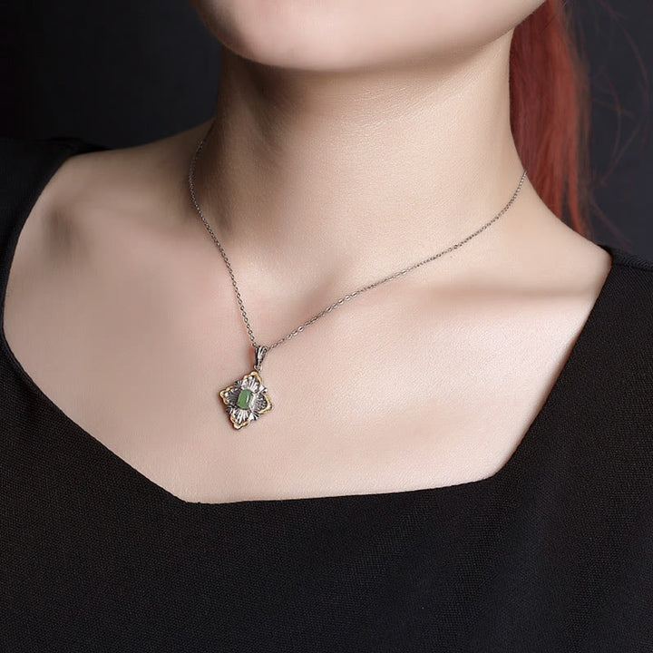 Buddha Stones925 スターリングシルバー ゴールドメッキ 和田シアン翡翠 菱形デザイン 幸運のヒーリングネックレスペンダント