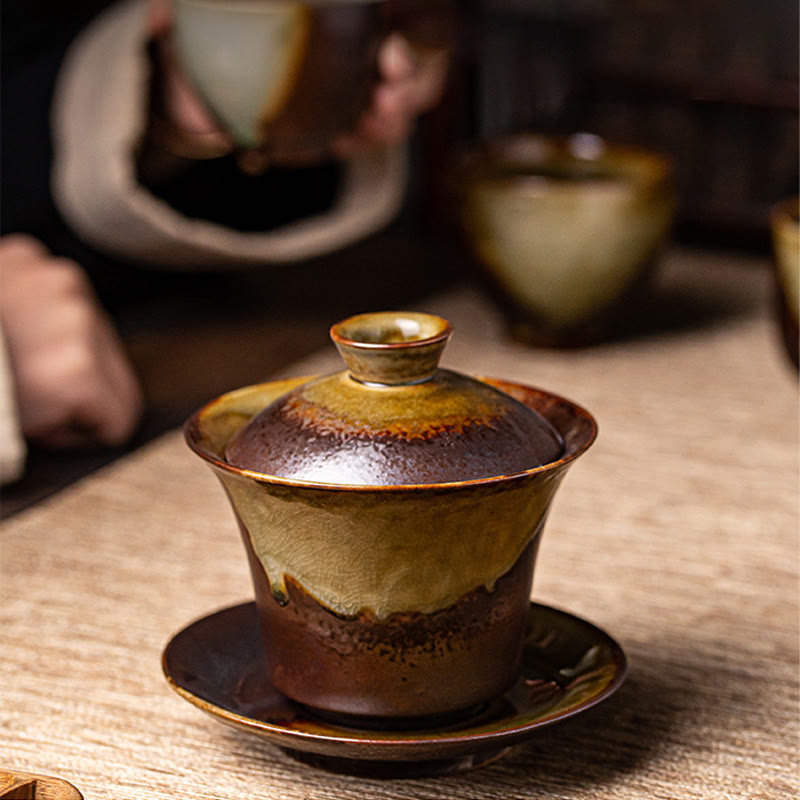 Buddha Stonesヴィンテージ ブラウン 窯変デザイン 磁器 セラミック 蓋碗 三彩 ティーカップ カンフー ティーカップ＆ソーサー 蓋付き