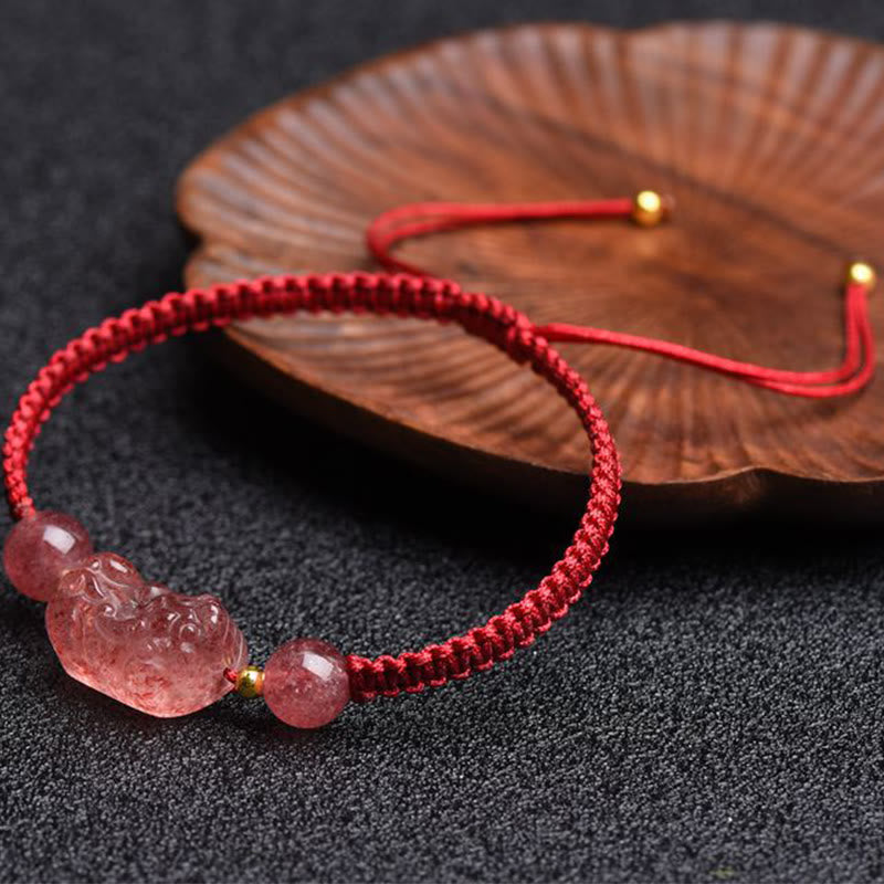 Buddha Stones天然ストロベリークォーツ貔貅幸運の赤紐ブレスレット