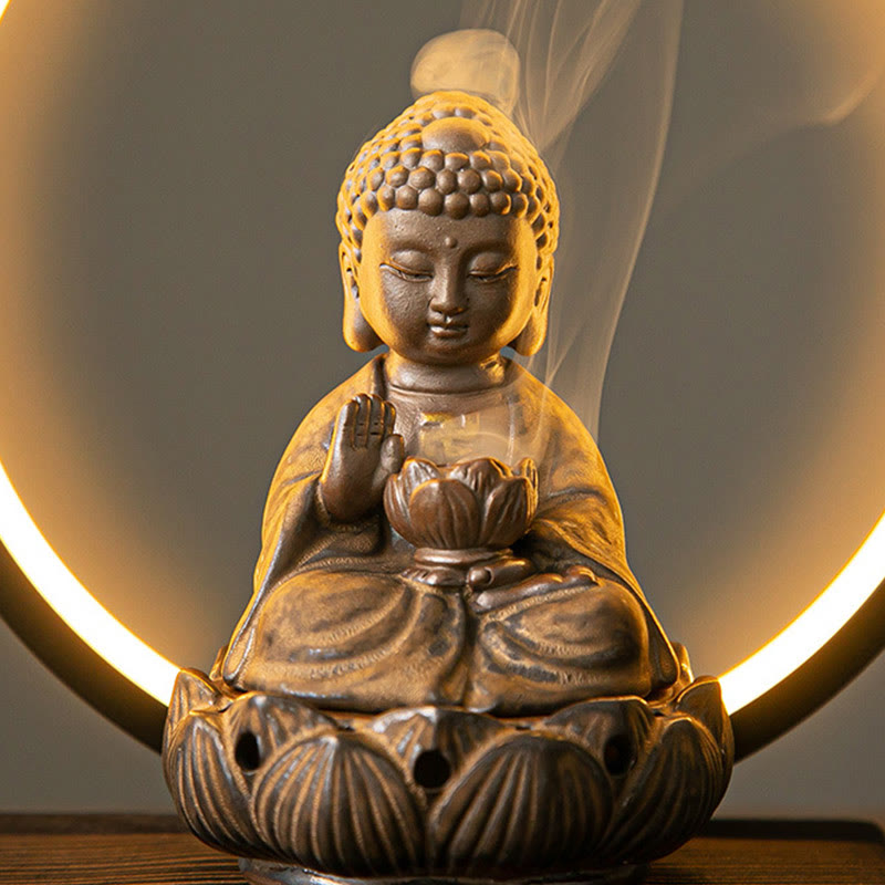 Buddha Stones仏陀 蓮 逆流 煙噴水 陶器 祝福 香炉 ライト装飾付き