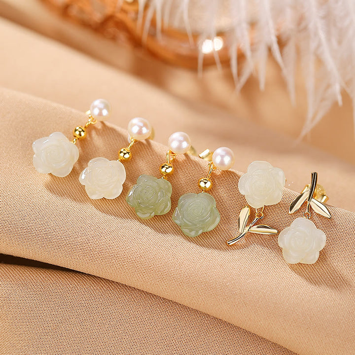 Buddha Stones 925スターリングシルバーメッキゴールド翡翠ローズフラワーシアン翡翠パール幸運イヤリング