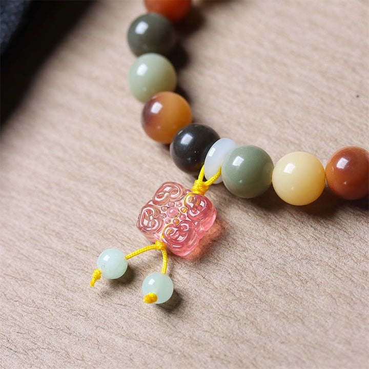 Buddha Stones天然 マルチカラー グラデーション 菩提樹 瑠璃ガラス チャーム 平和ブレスレット