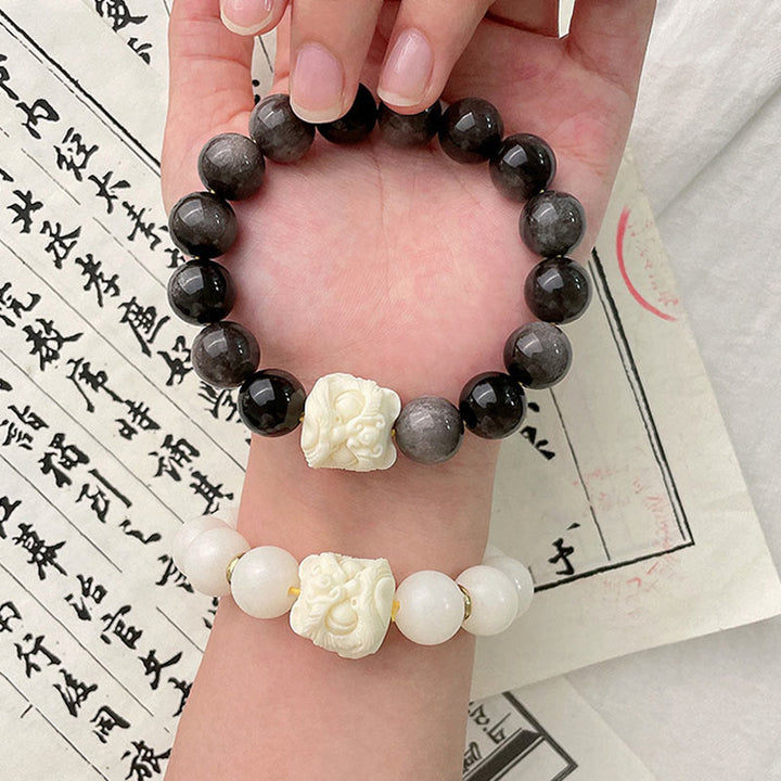 Buddha Stones銀の輝き 黒曜石 菩提樹の種 象牙 フルーツ ダンシングライオン 守護ブレスレット