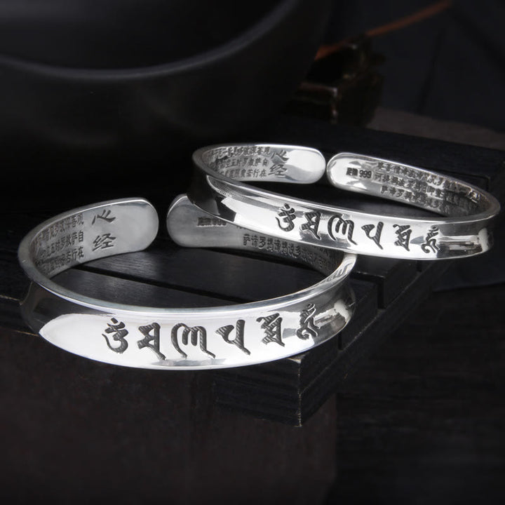 Buddha Stones999スターリングシルバーオーム・マニ・パドメ・フム般若心経 愛と平和のブレスレット バングル