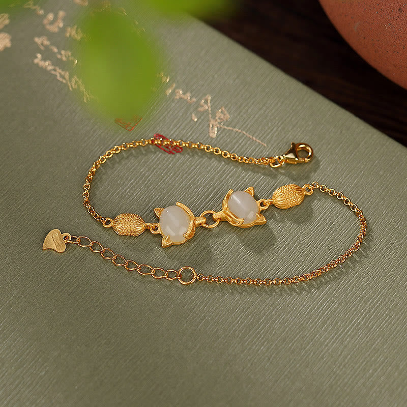 Buddha Stones925 スターリングシルバー 天然和田白翡翠 シアン翡翠 愛らしいキツネの幸運のブレスレット