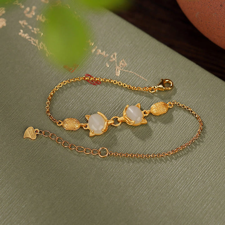 Buddha Stones925 スターリングシルバー 天然和田白翡翠 シアン翡翠 愛らしいキツネの幸運のブレスレット