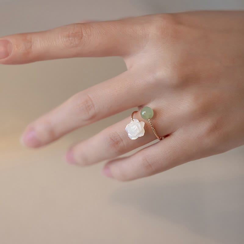 Buddha Stones14K ゴールドメッキ シャコガイ石 ローズフラワー 翡翠ビーズ 祝福リング