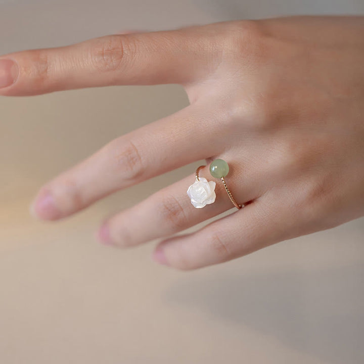 Buddha Stones14K ゴールドメッキ シャコガイ石 ローズフラワー 翡翠ビーズ 祝福リング