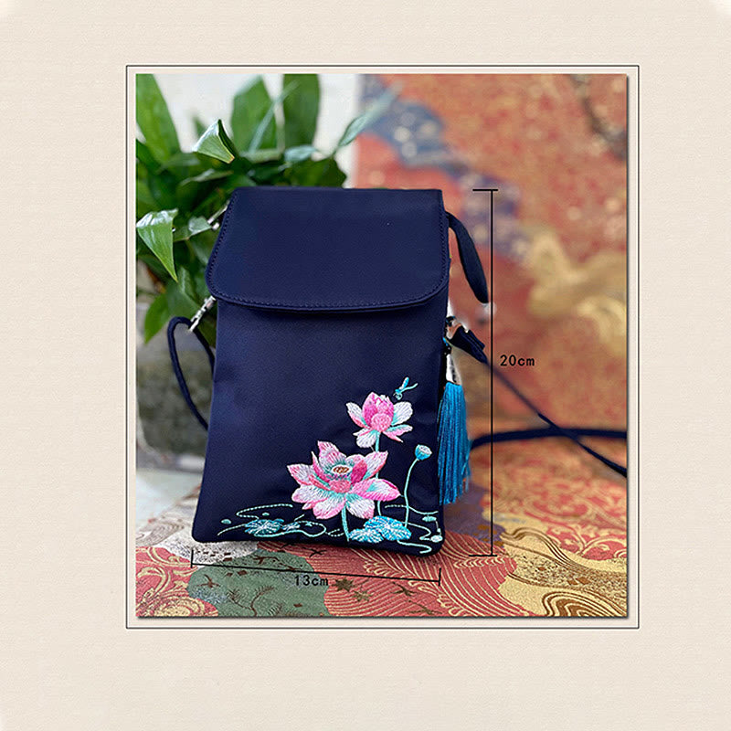 Buddha Stones防水ハンドメイド刺繍蓮の花クロスボディバッグショルダーバッグ携帯電話バッグ