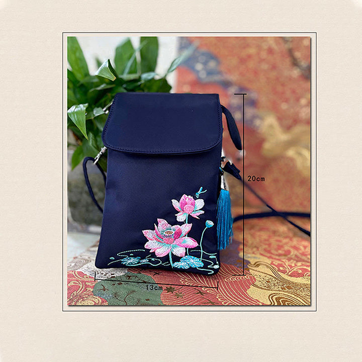 Buddha Stones防水ハンドメイド刺繍蓮の花クロスボディバッグショルダーバッグ携帯電話バッグ