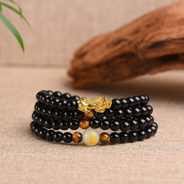 Buddha Stones、中国の十二支、黒曜石、貔貅（ピクシウ）の守護Malaブレスレット