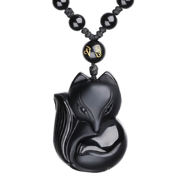 Buddha Stones天然黒曜石 タイガーアイ アイスオブシディアン フォックスペンダント お守りネックレス