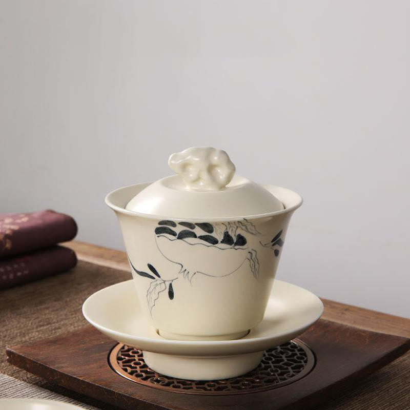 Buddha Stones手描きザクロハイビスカス松蓮陶器蓋碗三彩ティーカップカンフーティーカップ＆ソーサー蓋付き