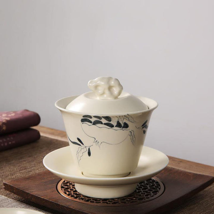 Buddha Stones手描きザクロハイビスカス松蓮陶器蓋碗三彩ティーカップカンフーティーカップ＆ソーサー蓋付き