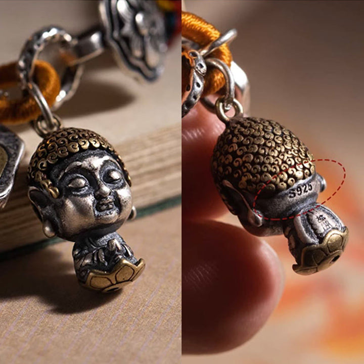 Buddha Stonesハンドメイド チベット 925 スターリングシルバー十二支誕生仏ザキラム 富の守護女神 マルチカラー ロープ編みブレスレット