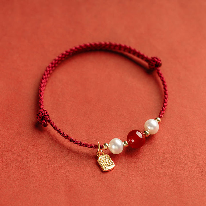 Buddha Stones925 スターリングシルバー 幸運の福の文字瑪瑙真珠 赤い紐編みブレスレット