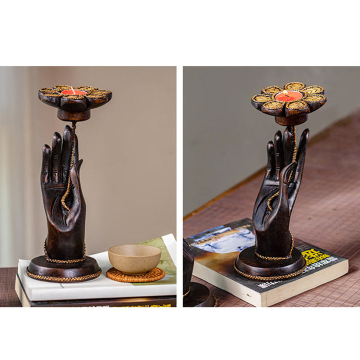 Buddha Stonesの手模様の木製キャンドルスティックホームキャンドルホルダー装飾