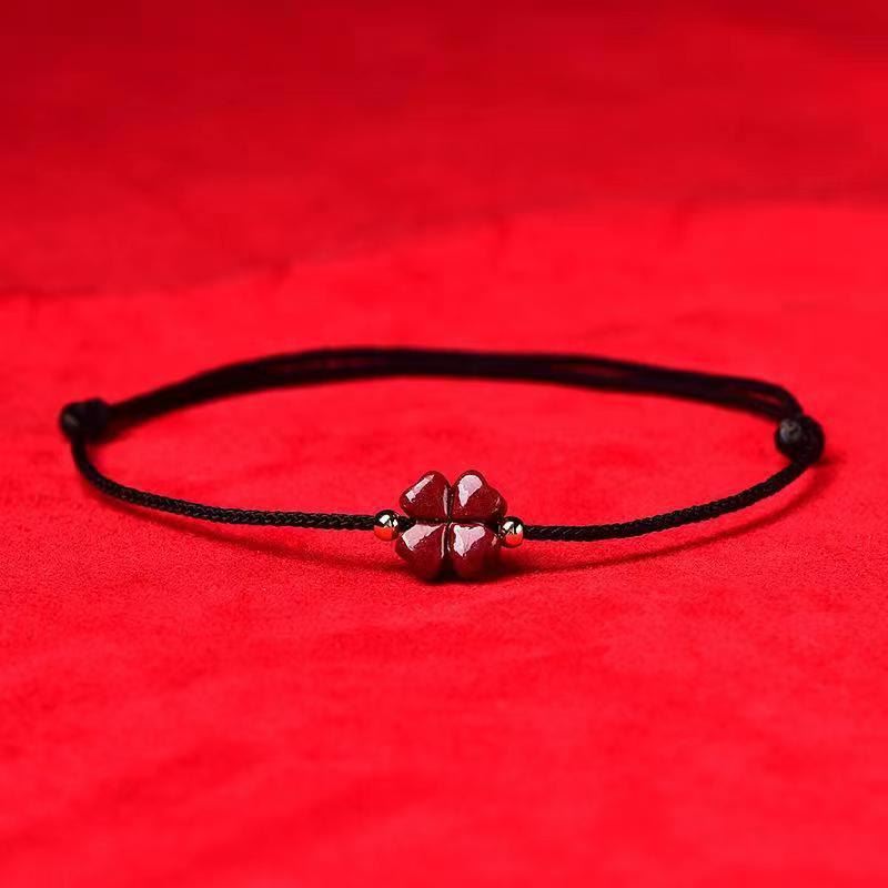 Buddha Stones天然辰砂 四つ葉のクローバー 祝福の赤い紐ブレスレット アンクレット