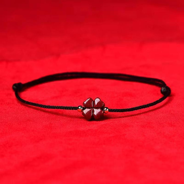 Buddha Stones天然辰砂 四つ葉のクローバー 祝福の赤い紐ブレスレット アンクレット