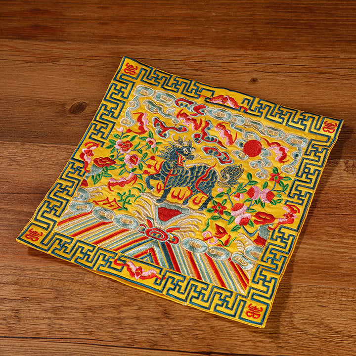 Buddha Stones鳳凰 龍 麒麟 刺繍 カップマットパッド ティーカップコースター スクエア カンフーティーマット