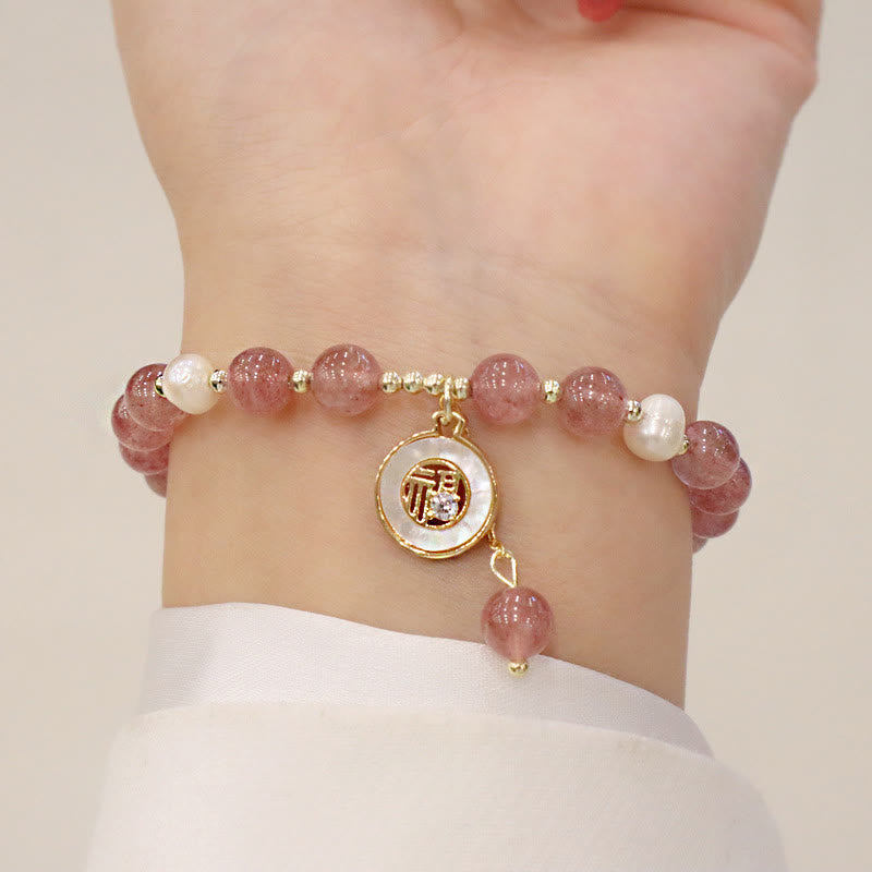 Buddha Stonesストロベリークォーツパール エルク スマイリーフェイス フィッシュテール フーキャラクターチャーム ヒーリングブレスレット