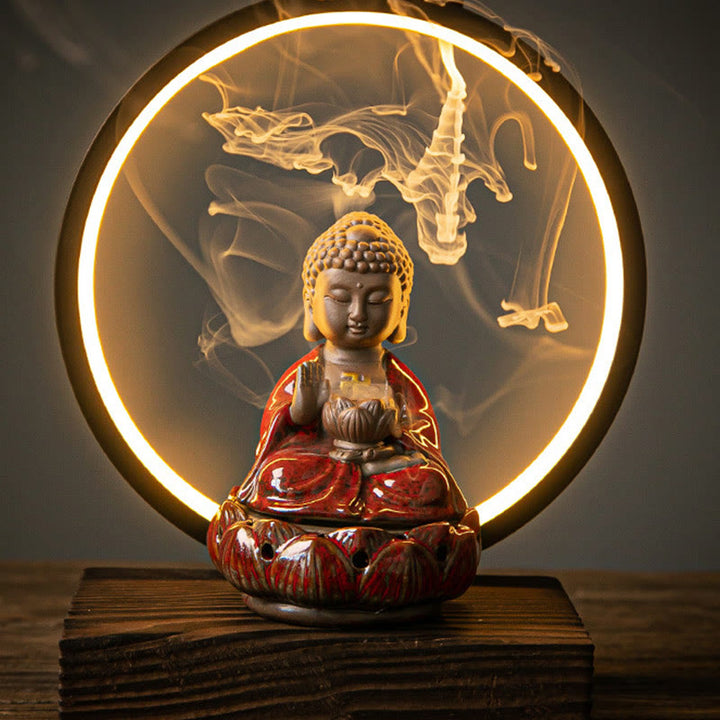 Buddha Stones仏陀 蓮 逆流 煙噴水 陶器 祝福 香炉 ライト装飾付き