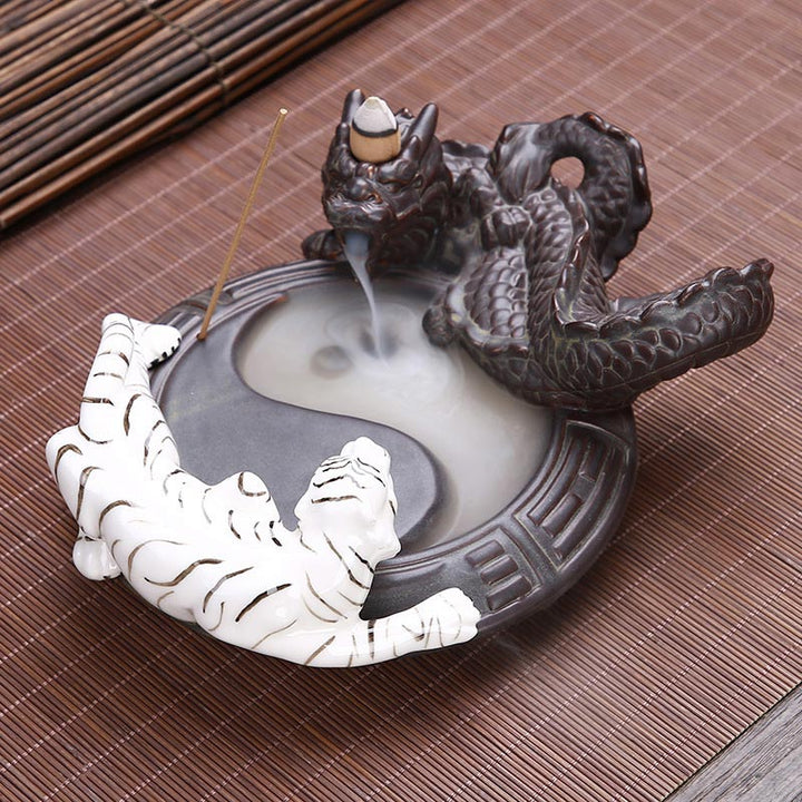 Buddha Stones虎龍 逆流煙噴水 陶器 陰陽 祝福 香炉 装飾