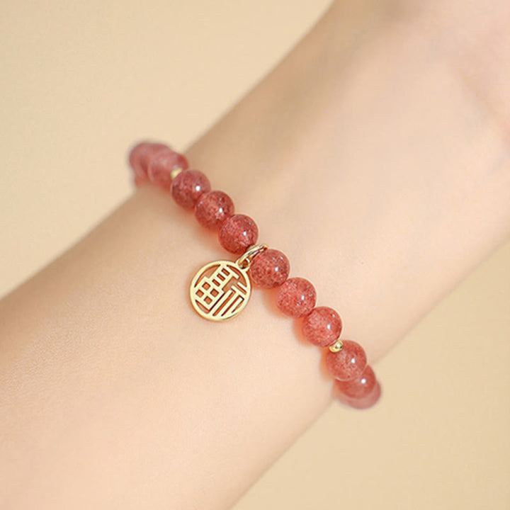 Buddha Stones14Kゴールドメッキ ストロベリークォーツ フーキャラクター ヒーリングチャームブレスレット